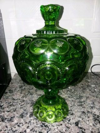 Green LE Smith Depression Vintage Moon and Stars Candy Dish with Lid 3