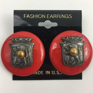 Vintage Lion Crest Earrings Red Enamel Metal 80s 90s Round Statement Nos Funky