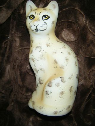 Vintage Fenton Hand Painted Glass Leapard Cat Figurine Signed With Label 5 " Tall