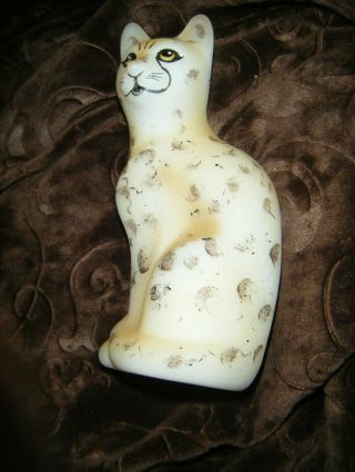 Vintage Fenton Hand Painted Glass leapard Cat Figurine Signed with Label 5 