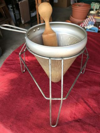 Vintage Food Press Aluminum Jelly Strainer With Wooden Pestle