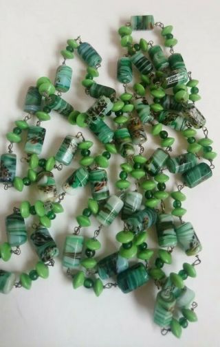 Vintage Art Deco Glass Bead Necklace Wired Green Splatter End Day Flapper 20s 30