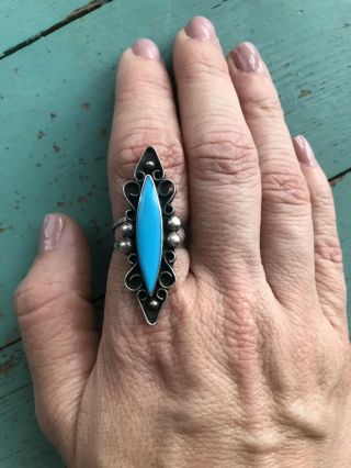 Long Vintage Mexico Block Turquoise Sterling Silver Ring Sz 8