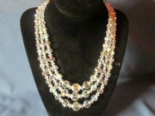 Vintage Silver - Tone Metal 3 Strand Aurora Borealis Crystal Bead Necklace