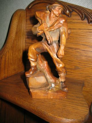 Vintage Anri Wood Hand Carved Figurine " Huntsman " Hunter W/ Gun And Deer 6 1/4 "