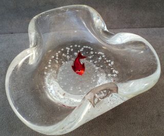 Vintage Murano Art Glass Aquarium Bowl Red Fish In Bottom Italy - Estate Find