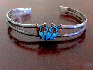 Vintage Zuni 925 Sterling Silver Turquoise Coral Double Owl 5 " Cuff Bracelet 9g