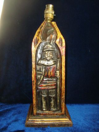 A Vintage Carved & Painted Wood Table Lamp,  Medieval Figures.