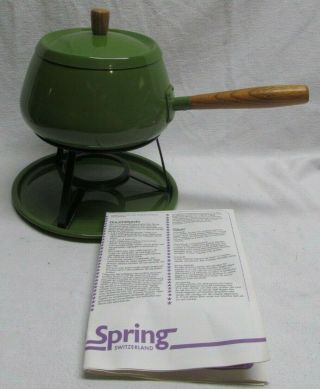 Vintage Spring Fondue Pot Switzerland Mid Century Green Retro Beef Cheese Set