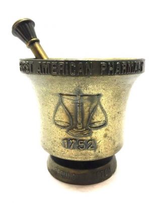 Vintage 1972 1st American Pharmacy Shering Brass Mortar & Coricidin Pestle