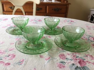 Vintage Green Depression Glass Floral Poinsettia 4 Sherbets & 4 Dessert Plates