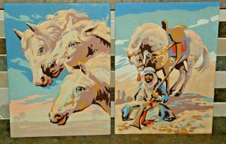 Vintage Set Paint By Number Horses Pictures Completed Art Mid Century 9x12 Pbn