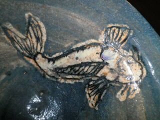 Signed Koi Fish Vintage Glazed Bowl Art Studio Pottery Large Hand Crafted Blue