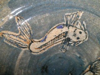 SIGNED KOI Fish VINTAGE GLAZED BOWL Art Studio Pottery LARGE Hand Crafted BLUE 5