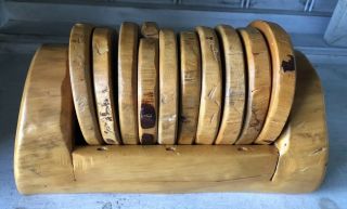 Vintage Handmade Juniper Wood Rustic Coaster Set Of 10 & Holder Oregon Signed