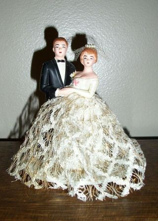 Vintage 1950’s Plastic Wedding Cake Topper Bride Groom With Lace Gown Overlay