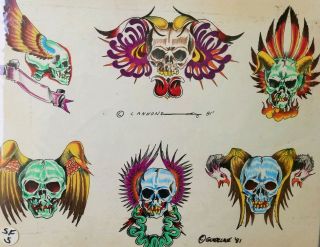 Vintage 80s Guideline Cannone Produx Tattoo Flash Freaky Biker Skull Colors:monk