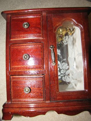 Vintage Mahogany Jewelry Box Dresser Armoire Style Etched Glass Door.