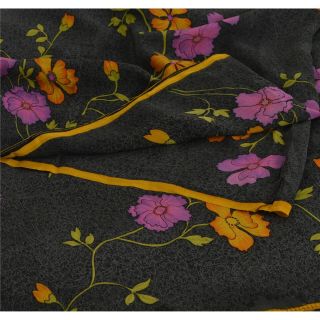 Sanskriti Vintage Grey Saree 100 Pure Crepe Silk Printed Fabric 5 Yd Craft Sari