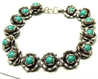 Vtg Sterling Silver Turquoise Inlay Link Bracelet Flower Floral Taxco Mexico 3