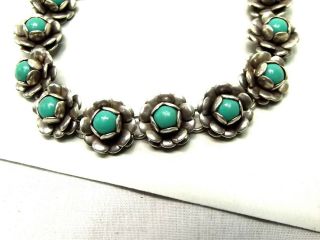 Vtg Sterling Silver Turquoise Inlay Link Bracelet Flower Floral Taxco Mexico 3 2