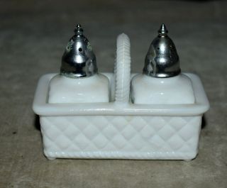 Vintage Milk Glass Diamond Dimple Salt & Pepper Shakers W/handled Carry Basket