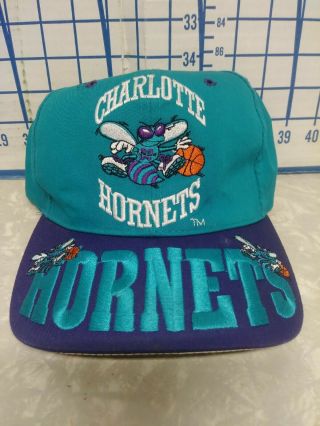 Vintage 90s Drew Pearson Charlotte Hornets Nba Brim Embroidered Snapback Cap Hat