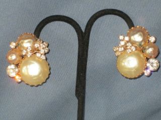 Vintage Alice Caviness Gold - Tone Metal Rhinestone F/pearl Earrings For Repair