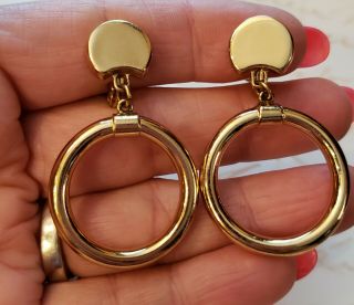 Vintage Monet Signed Gold Tone Drop Hoop Dangle Clip On Classic Earrings 1 7/8 "