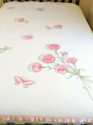 Vintage Acrylic Blanket Satin Trim Twin Full Pink Carnations 70 X 79 " No Tag
