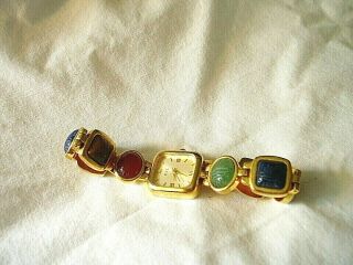 Vintage Kjl " Kenneth Jay Lane " Scarab Bracelet Watch,  Gold Tone Metal