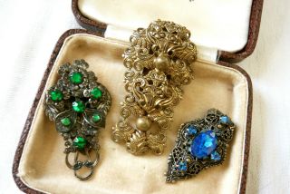 Vintage Jewellery Art Deco Czech Filigree Rhinestone Dress Clips X 3