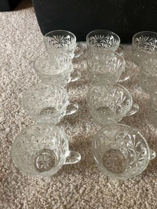 16 Vintage Glass Punch Bowl Cups Tea Cups Starburst Diamond Design Scalloped Rim 2