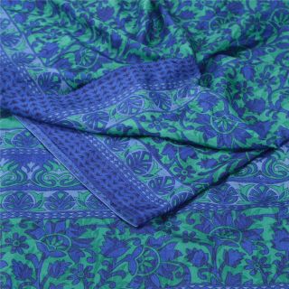 Sanskriti Vintage Green Saree Moss Crepe Floral Printed Craft Fabric Soft Sari
