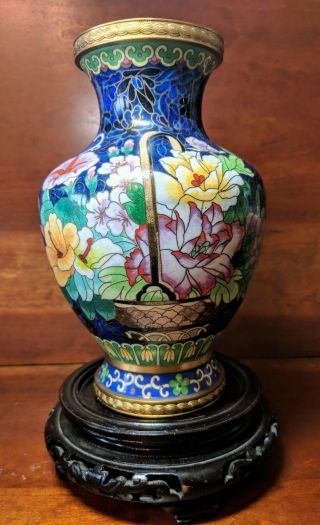 Vintage Jingfa Chinese Cloisonne Blue 8 - 1/4 " Chinese Flower Basket Vase W/stand