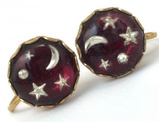 Vintage Crescent Moon Star Earrings Reverse Carved Glass Cabochons Screw Back