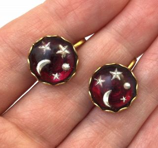 VINTAGE CRESCENT MOON STAR EARRINGS REVERSE CARVED GLASS CABOCHONS SCREW BACK 2