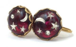 VINTAGE CRESCENT MOON STAR EARRINGS REVERSE CARVED GLASS CABOCHONS SCREW BACK 4