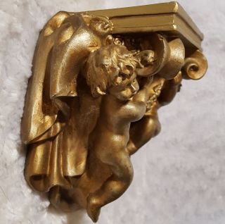 Vtg Cherubs / Angels Floating Wall Shelf - Sconce Gold Sculptural 3d Floral Swag