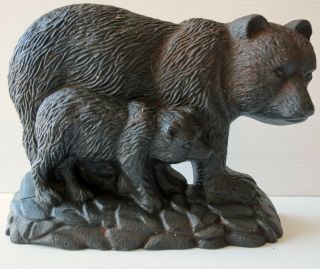 Vintage Cast Iron Mother Black Bear And Cub Doorstop/bookend