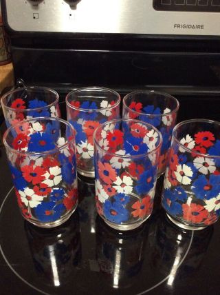Set Of 6 Vintage Red White Blue & Gold Floral Highball Drinking Glasses Tumblers
