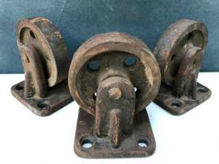 Vintage Industrial Salvage Cast Iron Metal Wheels Set Of 3 Matching 3.  5 Inches