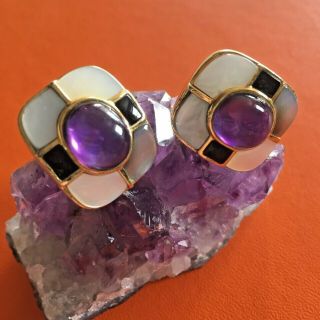 Vintage Kai Yin Lo Kylo Gold Over Sterling Mop Onyx Amethyst Clip Earrings