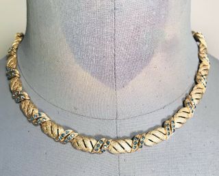 Vintage Crown Trifari Brushed Gold With Blue Rhinestones Chocker Necklace
