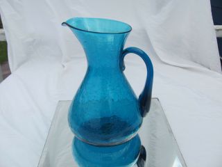 Vintage Blenko Blue Crackle Glass Large 10 3/4 " H Pitcher Hand Blown Art Glass