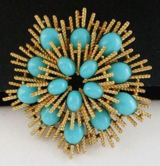 Lovely Vintage Avon Starburst Flower Pin Brooch W/aqua Cabachons,  Layered Design