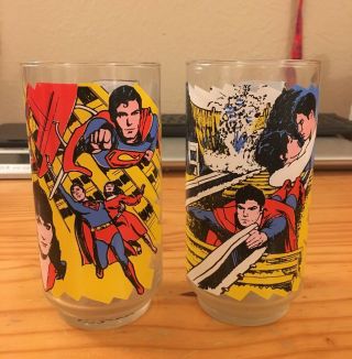 (2) Vintage 1978 Superman The Movie Dc Pepsi Drinking Glasses Man Of Steel