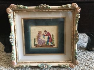 Vintage Completed Needlepoint Petit Point Tapestry Victorian Courting Couple