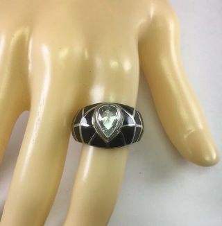 Vintage Sterling Silver & Pear Shaped Cz Solitaire Ring Black Panel Sz 7.  25 R304