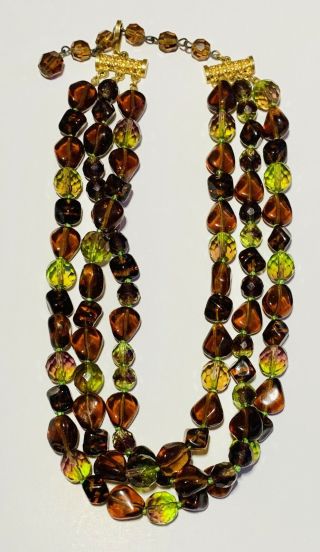 Vintage Signed Hattie Carnegie Glass Beads Triple Strand Necklace